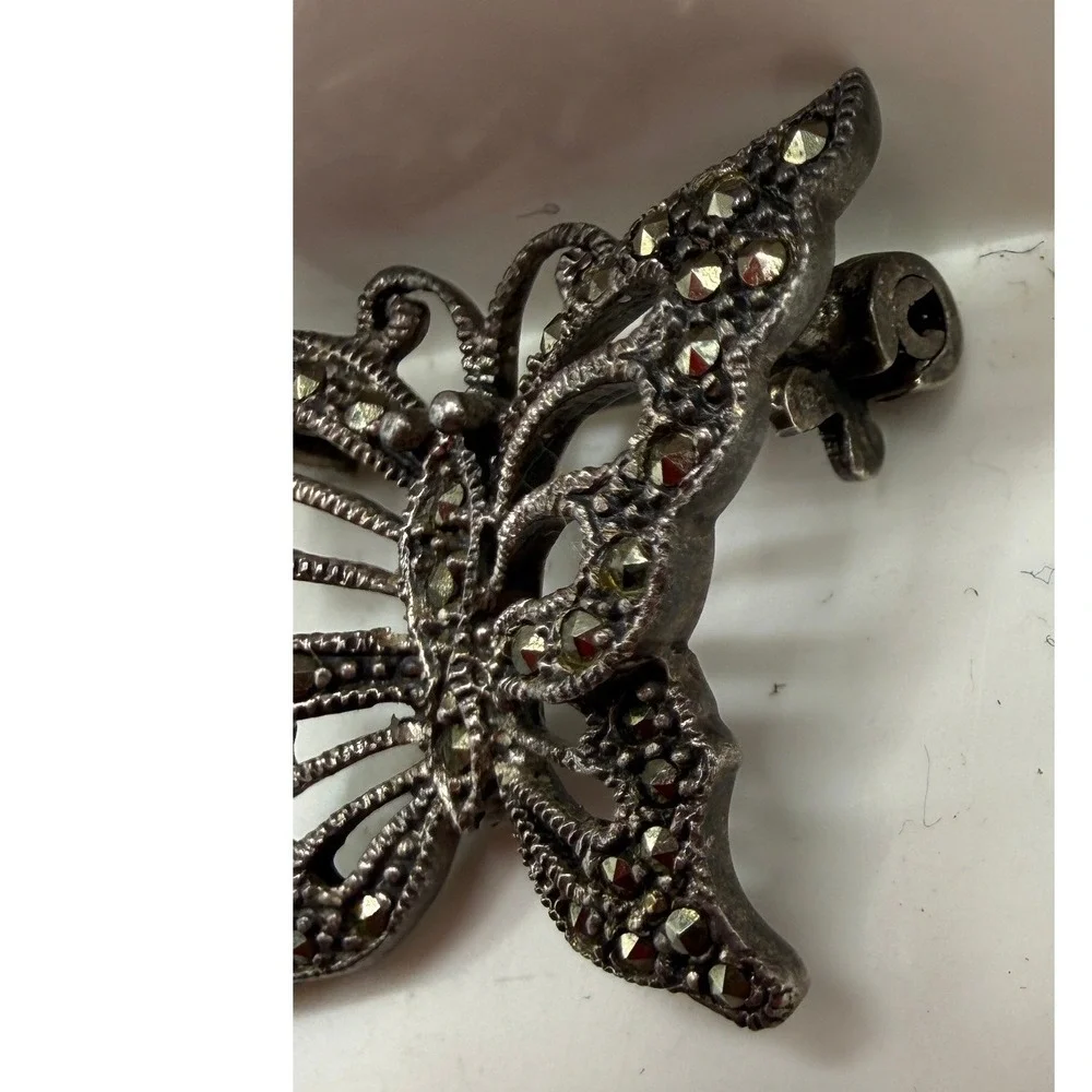 Vintage 925 Sterling Silver Marcasite Butterfly Brooch Pin Art Deco Style 5.68g